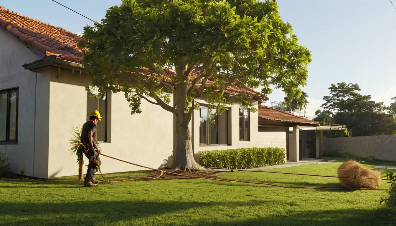 A tree removal provider working safely to take down a tree beside a home in Oviedo